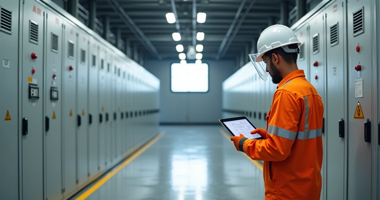 Engenheiro inspecionando cubículo de média tensão em subestação industrial 