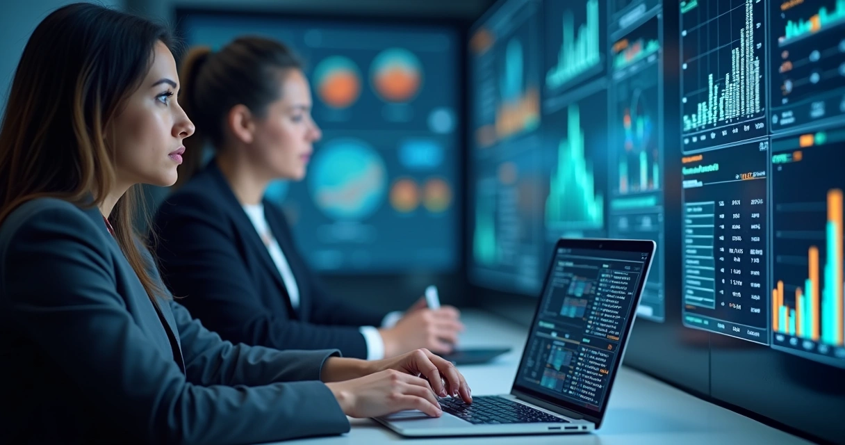 Profissional trabalhando com telas de dados e equipes B2B 