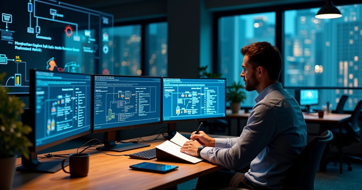 Engenheiro de dados analisando painel de dados em tela grande em escritório moderno 