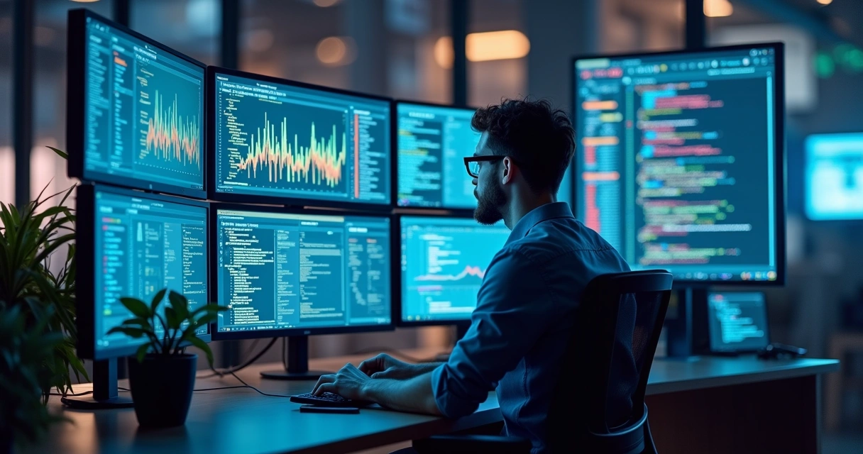 Engenheiro de dados analisando telas com gráficos, códigos e pipelines de dados em um escritório tecnológico moderno 