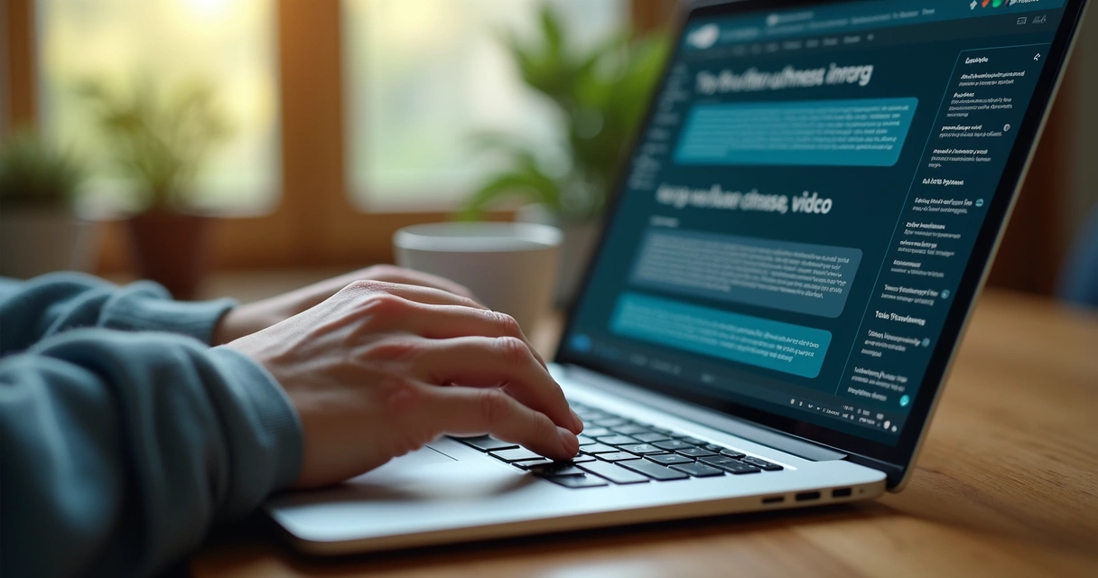 Pessoa criando prompt detalhado em laptop com painéis de sugestões e gráficos 