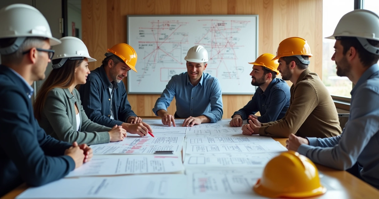 Engenheiro e equipe analisando pranchetas e documentos de construção 