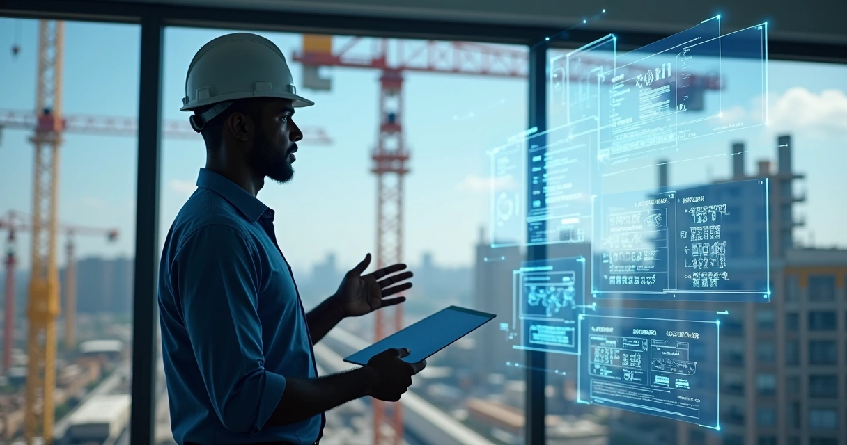 Engenheiro discutindo com assistentes virtuais em ambiente de construção com gráficos e documentos digitais ao redor 