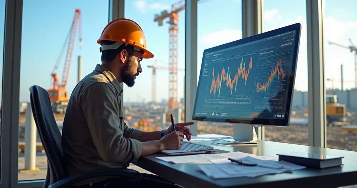 Engenheiro coordenador analisando relatório executivo digital em canteiro de obra moderno 