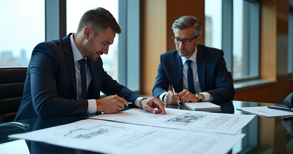 Engenheiro discutindo laudo pericial em reunião 