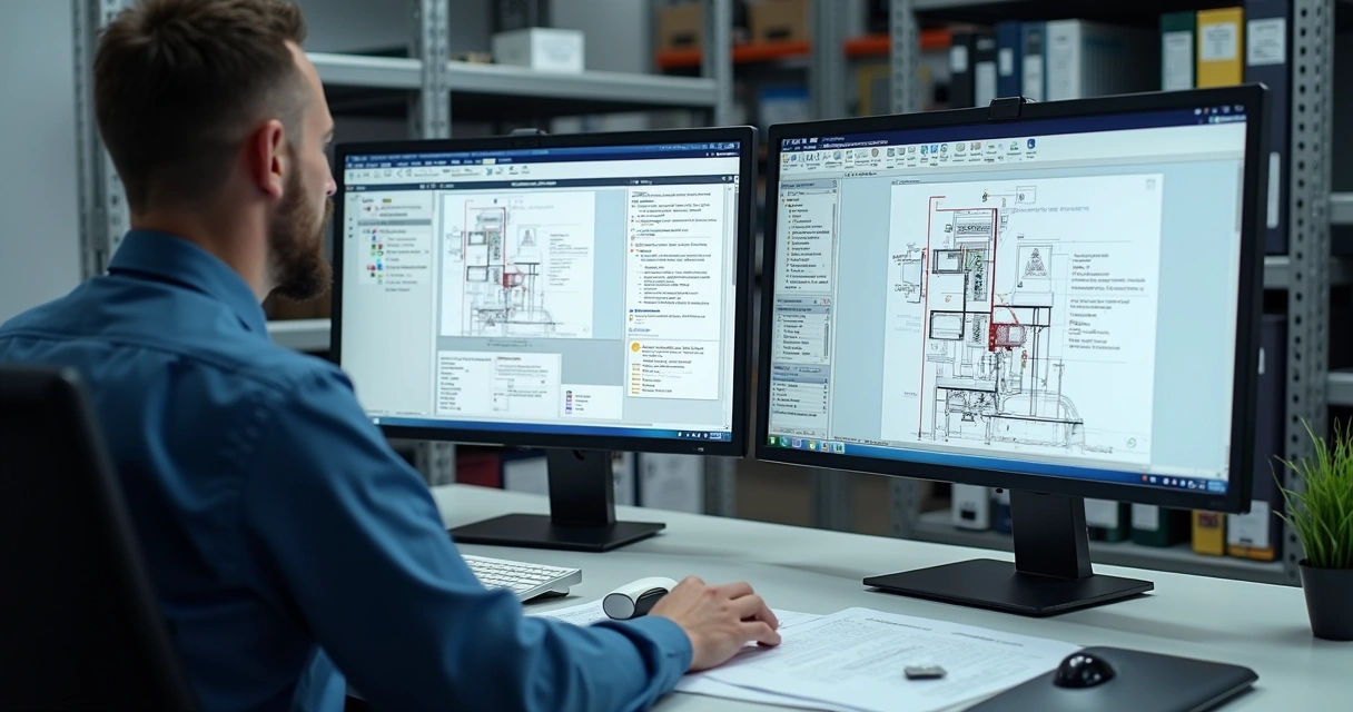 Engenheiro consultando assistente técnico com documentos da planta