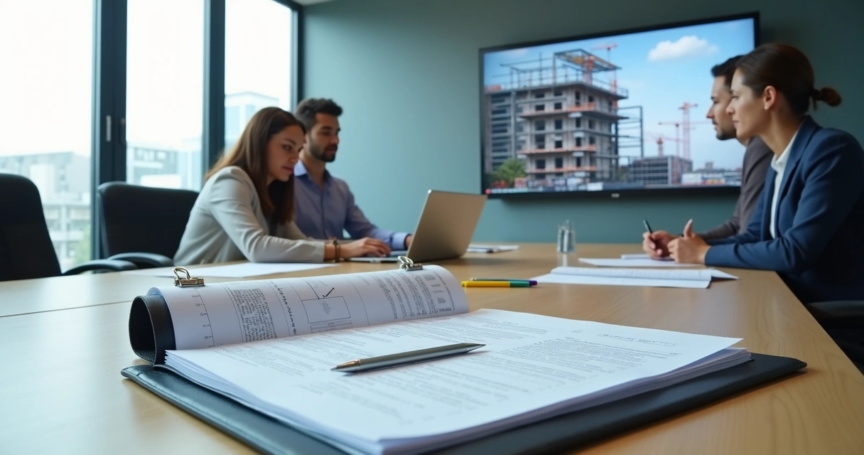 Engenheiro apresentando dossiê de fiscalização em sala de reuniões com vista para obra privada 