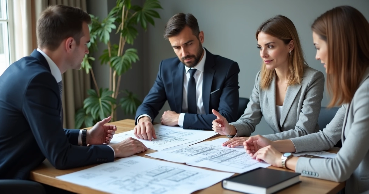 Engenheiro e advogado discutindo documentos técnicos em escritório 