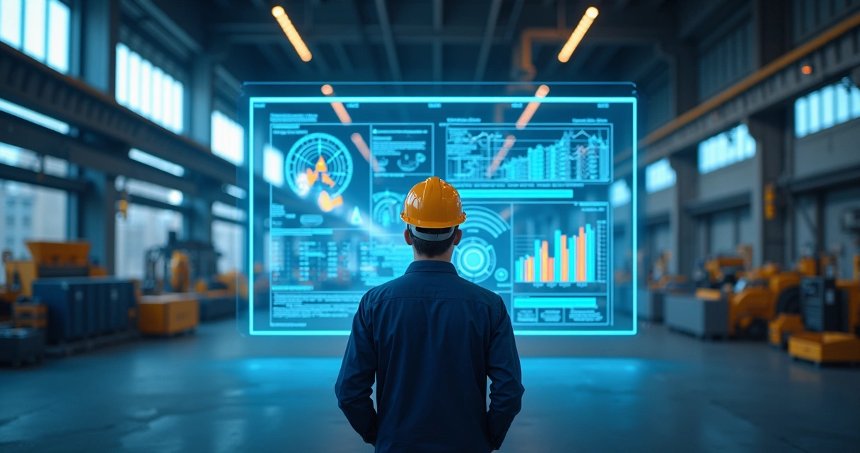 Engenheiro analisa dados de construção civil ao lado de tela digital mostrando gráficos e documentos 