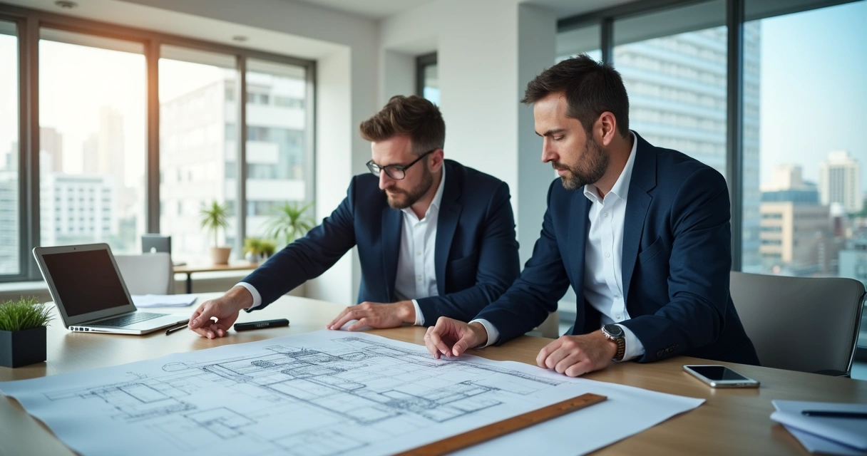 Engenheiro explicando análise técnica a advogado dentro de sala de reunião 