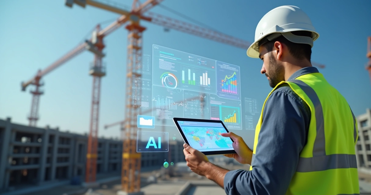 Engenheiro analisando projeto digital em tablet com gráficos de inteligência artificial na obra 