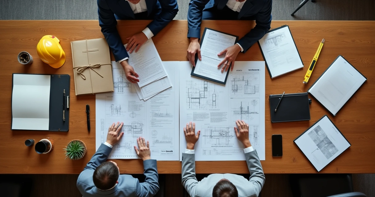 Engenheiro revisa documentos ao lado de advogado 