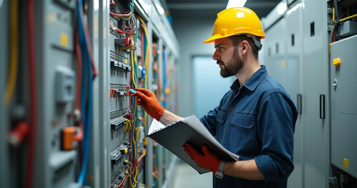 Engenheiro eletricista com prancheta em inspeção de quadro elétrico 