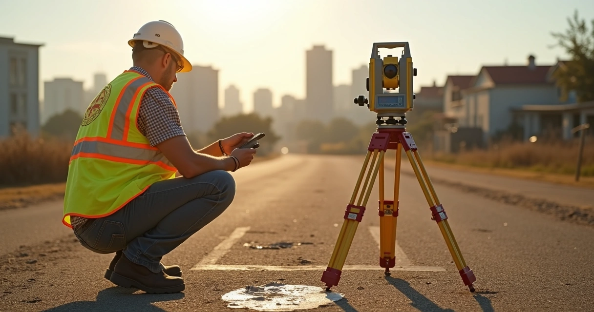 Engenheiro de campo usando equipamentos de topografia 