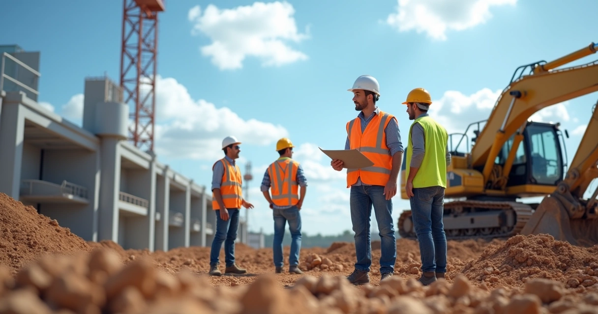 Engenheiro analisa plantas em canteiro de obras com equipe; céu azul e maquinário ao fundo.