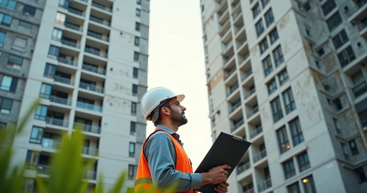 Engenheiro em vistoria de fachada de edifício 