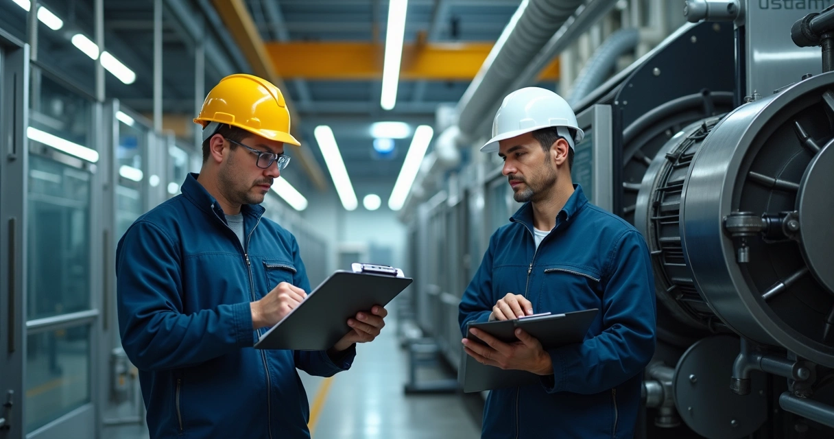 Engenheiro analisa equipamento durante inspeção técnica 