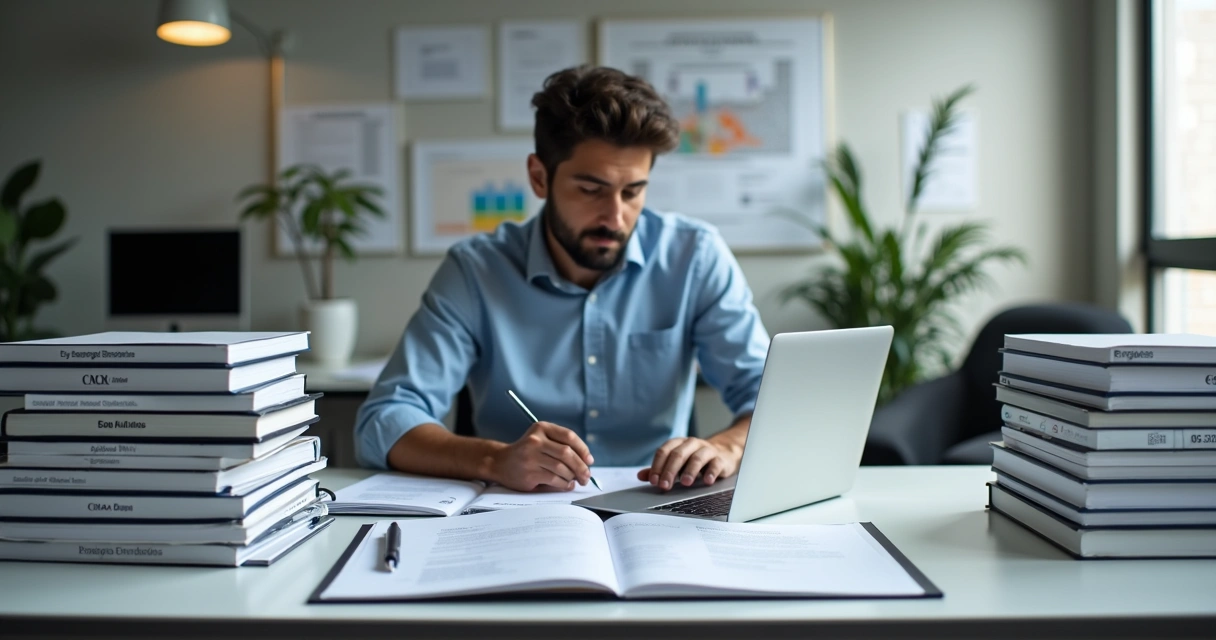 Engenheiro estudando normas técnicas e códigos de ética com livros e computador 