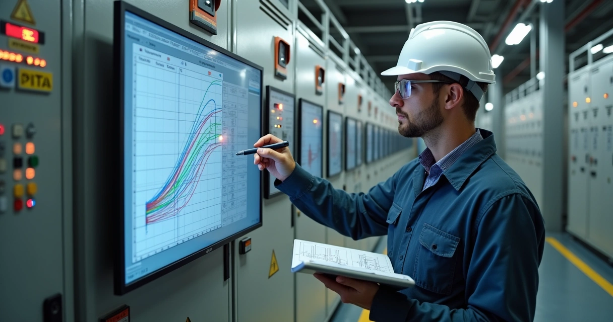 Engenheiro analisando curvas de proteção em painel de subestação industrial 
