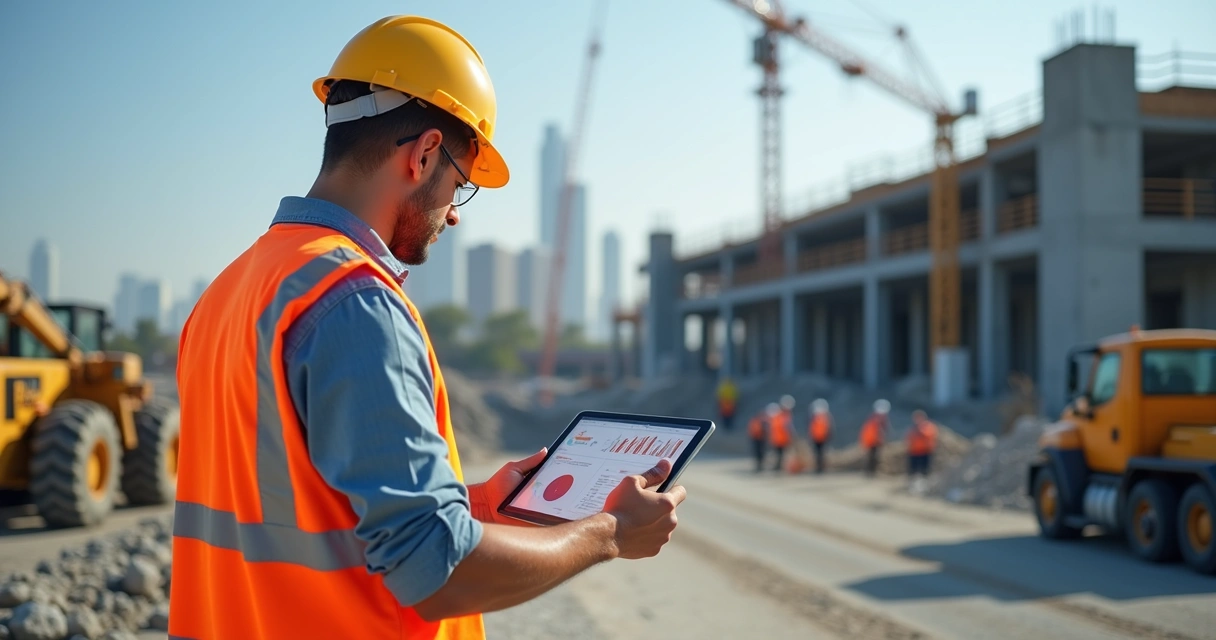 Engenheiro analisando monitoramento de obra em tablet no canteiro 