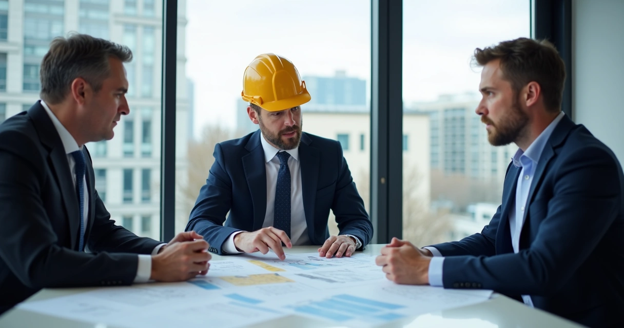 Engenheiro apresentando laudo técnico para advogados em reunião 