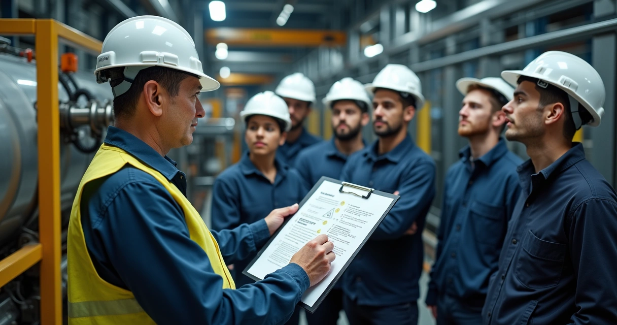 Engenheiro orienta equipe com instruções em chão de fábrica 