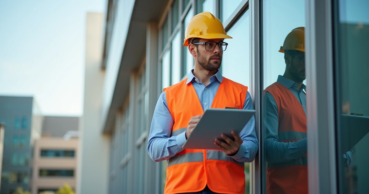 Engenheiro observando estrutura de prédio durante vistoria 