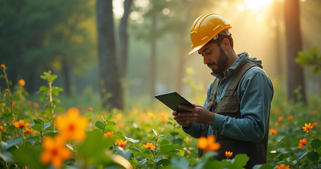 Engenheiro florestal em campo com floresta ao fundo analisando planta em tablet 
