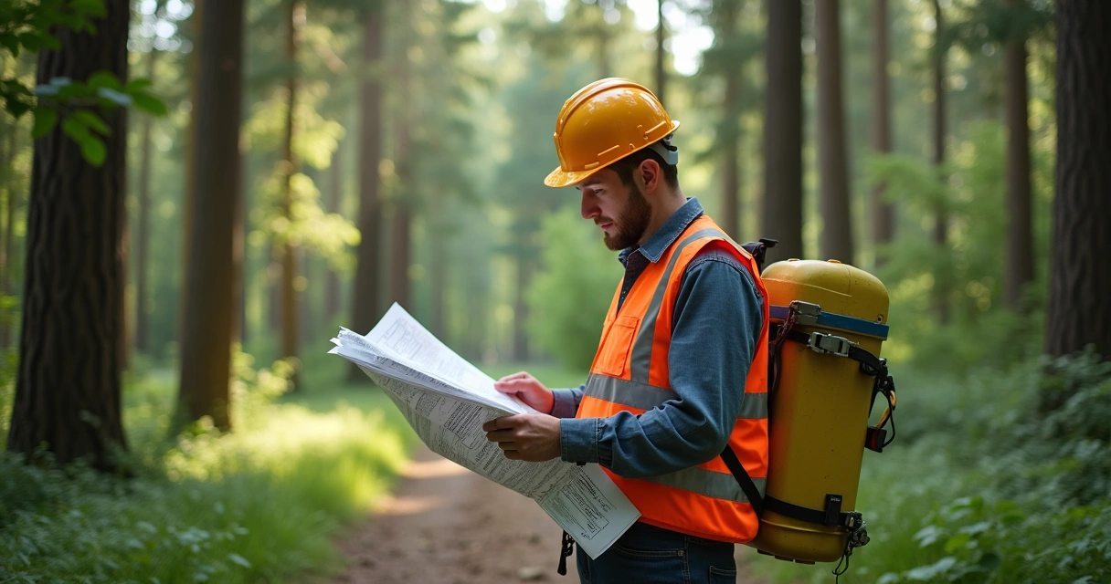 Engenheiro florestal em área de floresta com equipamentos de proteção e mapas na mão 