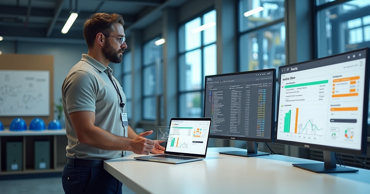 Engenheiro de manutenção organizando fluxo de trabalho com softwares não integrados 