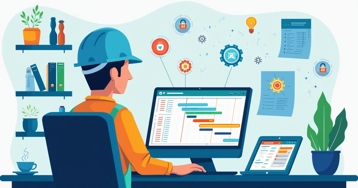 Engenheiro usando Microsoft Project em laptop com gráficos e cronogramas visíveis na tela 