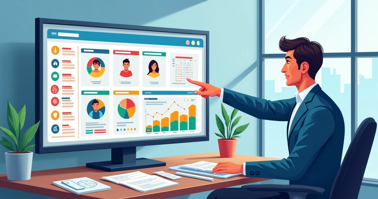 Engenheiro atribui tarefas a equipe em tela com gráficos de recursos. 