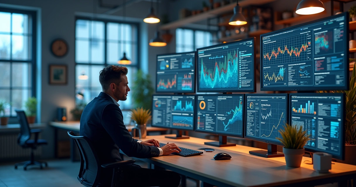 Profissional sentado com vários dashboards e dados conectados 
