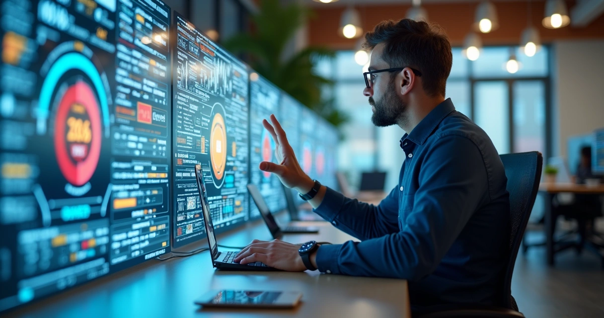Engenheiro de go-to-market analisando múltiplos gráficos e dados em telas digitais em escritório moderno 