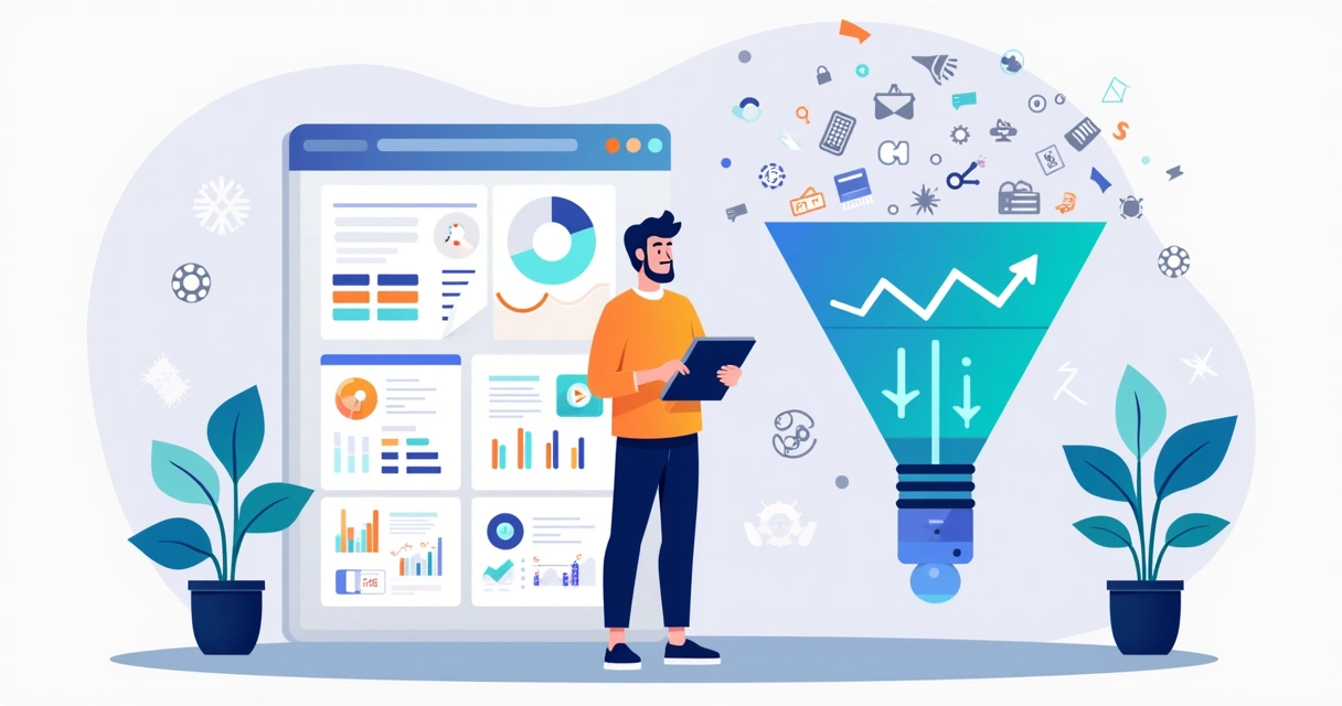 Ilustração de engenheiro GTM analisando funil de vendas travado com dados desconectados 