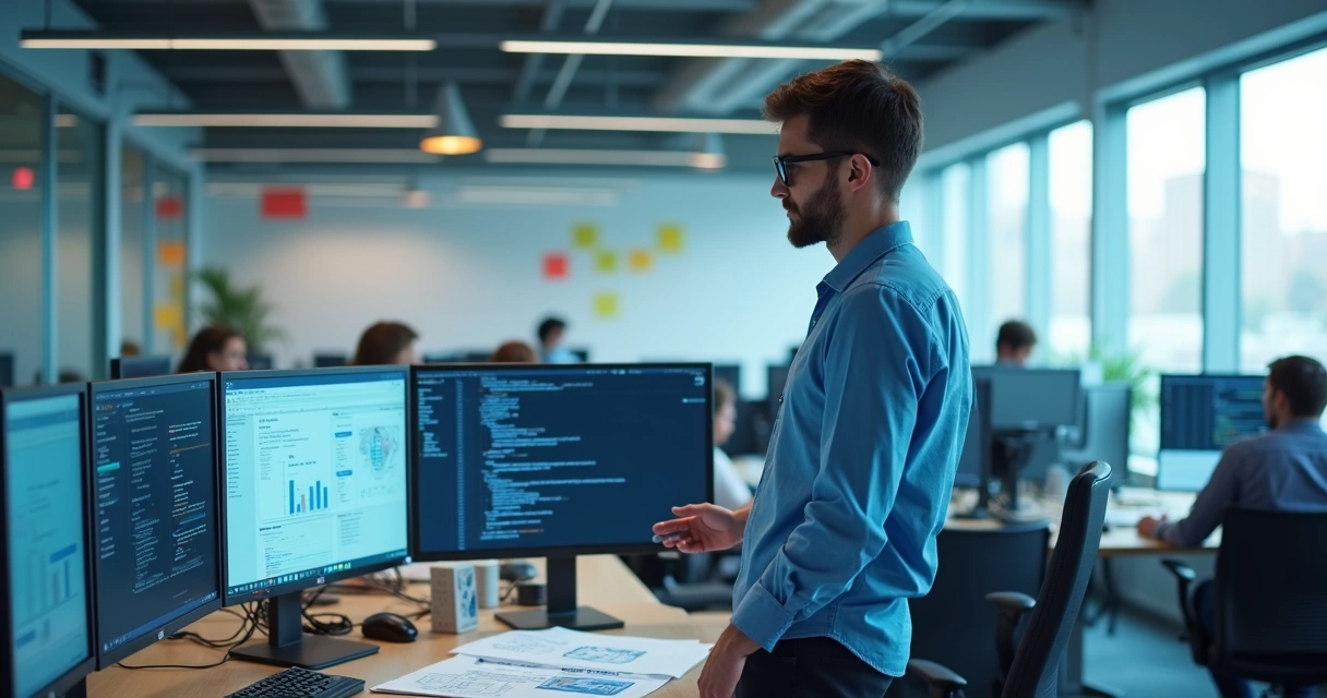 Engenheiro GTM diante de telas de dados e integrações 