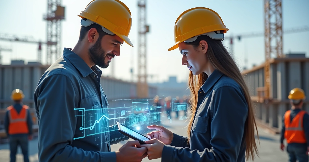 Engenheiro e assistente IA analisando dados de construção em obra moderna 