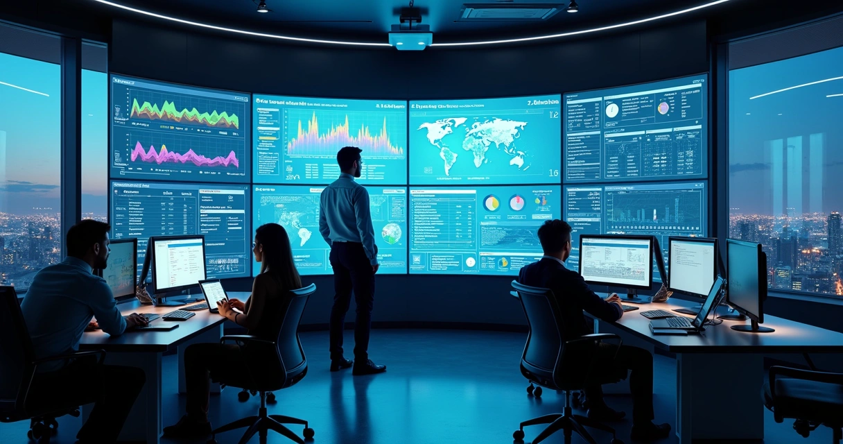 Engenheiro de IA monitorando painéis de dados em ambiente corporativo moderno 