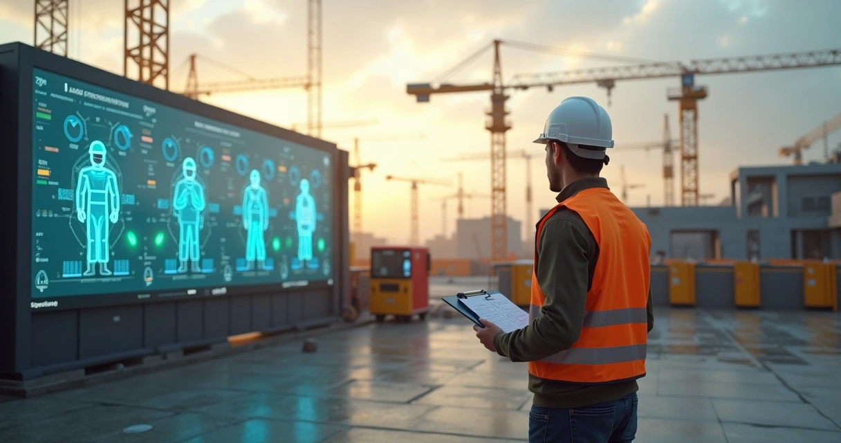 Gestor de engenharia em obra observando parede de LED destacando EPIs dos trabalhadores 