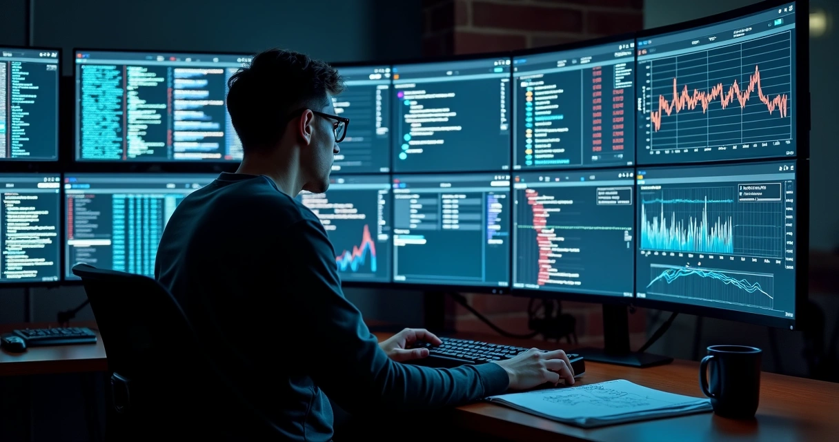 Engenheiro de software analisando painel com prompts de IA e métricas técnicas 