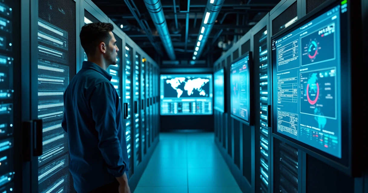 Engenheiro de IA supervisionando servidores e pipelines de dados