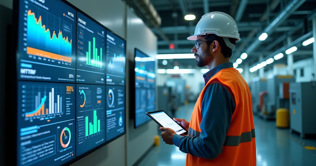 Engenheiro analisando painel com indicadores de manutenção em planta industrial moderna 