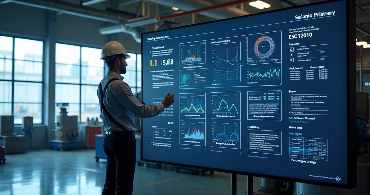 Engenheiro observando dados industriais em grande painel digital 