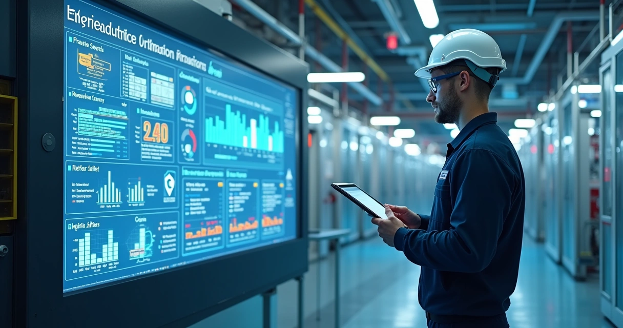 Engenheiro analisando painel digital em indústria moderna 