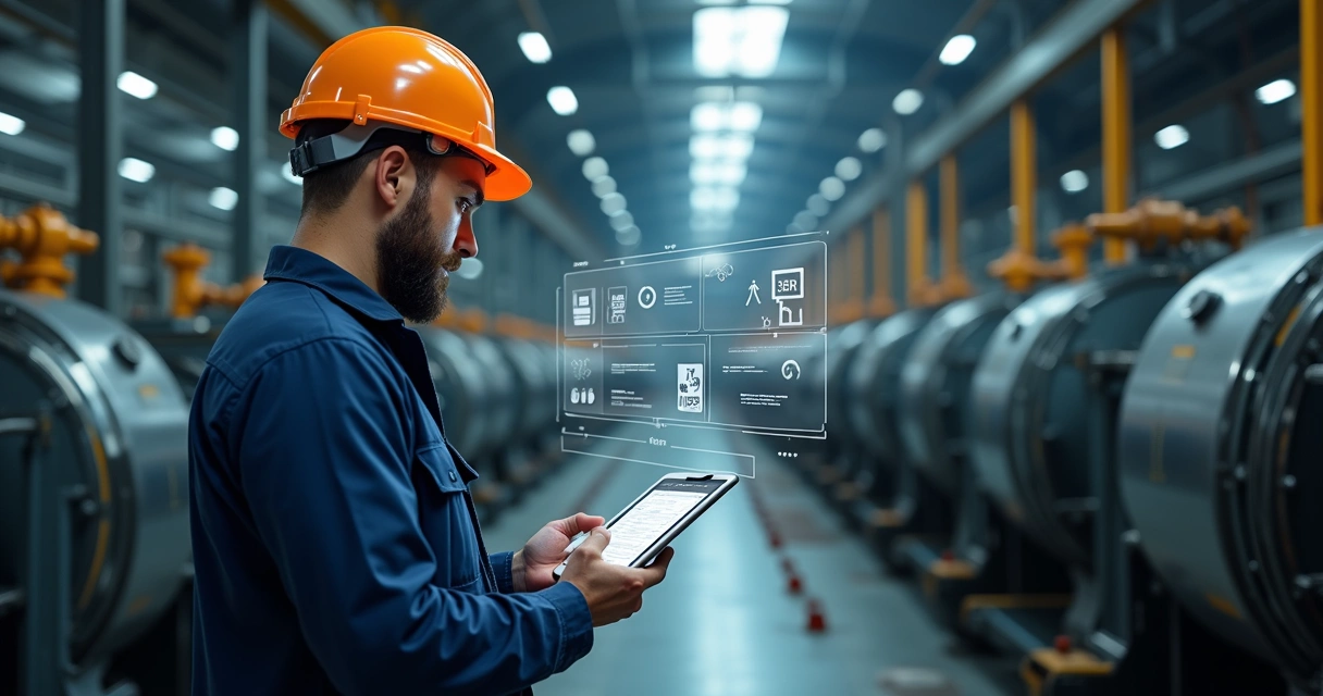 Engenheiro realizando inspeção digital em equipamento industrial 