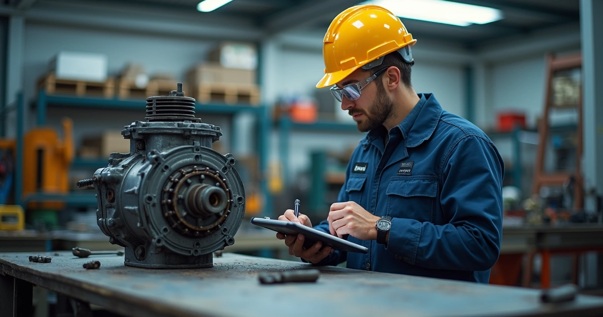 Engenheiro inspecionando peça em equipamento industrial