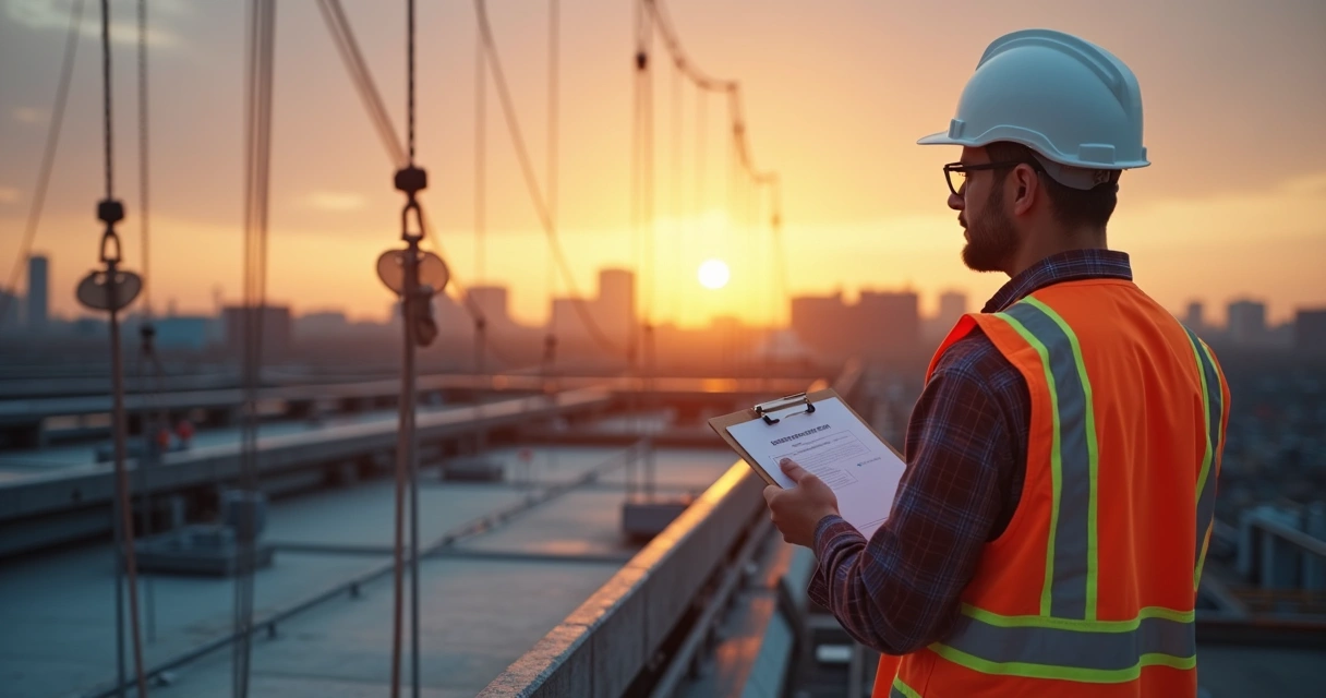 Engenheiro segurando prancheta e inspecionando linha de vida instalada em telhado industrial 