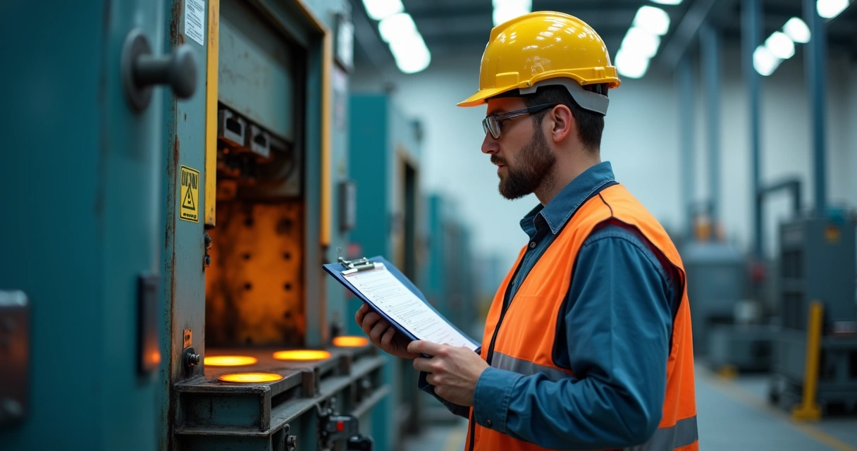 Engenheiro vistoriando máquina industrial com relatório em mãos 