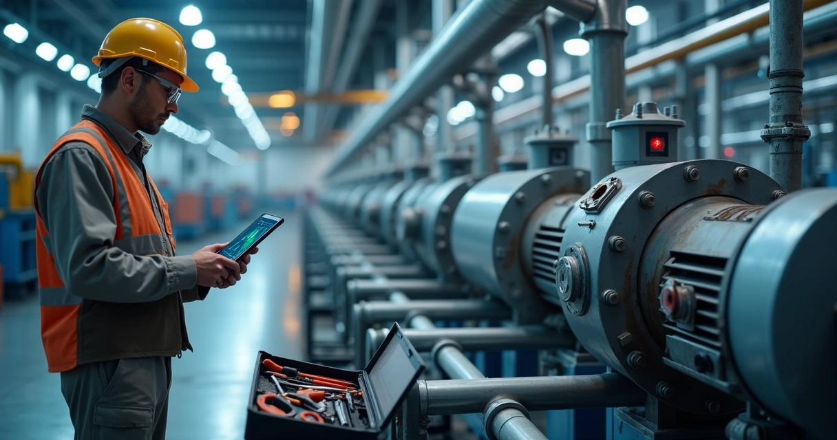 Técnico analisando equipamento industrial com tablet em fábrica 