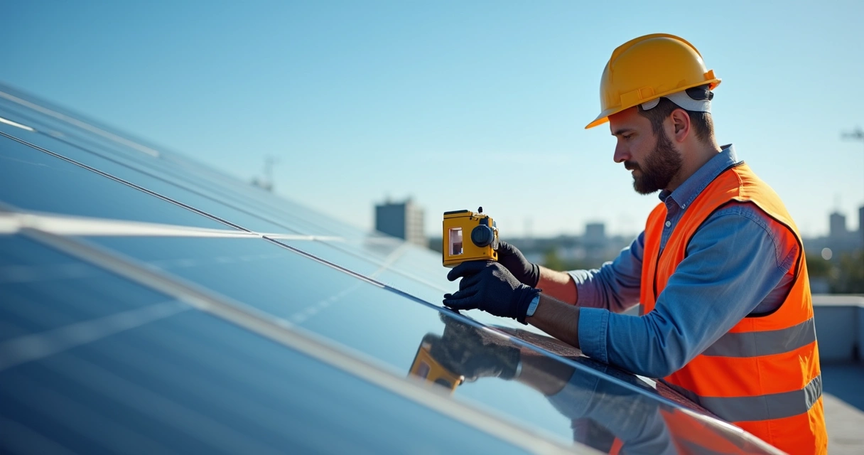 Engenheiro inspecionando módulo solar com equipamentos modernos 